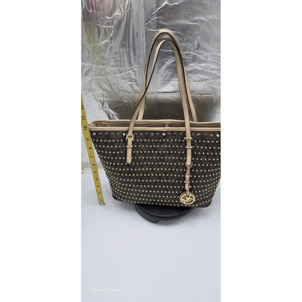 Michael Kors Selma Studded Tote Bag Brown Monogram Gold Studs Medium Handbag